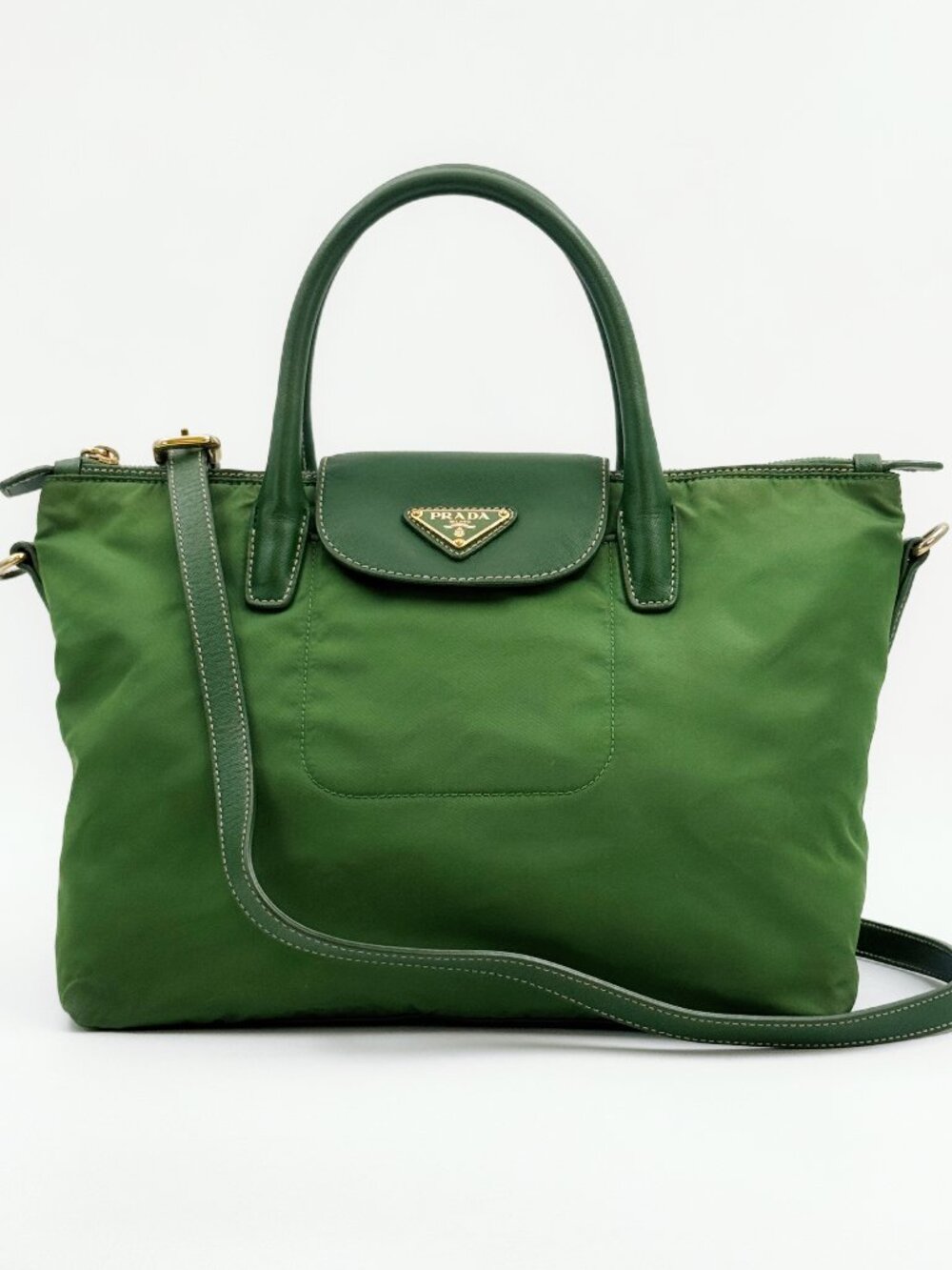 Prada Tessuto Nylon Saffiano Leather 2-Way Tote Shoulder Bag Green